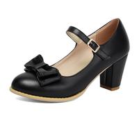 Qynthra Talons Style Kawaii Femme Nœud Bout Rond Talon Bloc Épais Mary Jane Chaussures pour Fête Cosplay Et Tenue Mignonne Escarpins Habillés Ajustement Large Grandes Tailles,Noir,40 EU