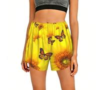 QYUHBNS Short de pyjama doux élastique avec poches Motif fleurs jaunes et papillons, Noir , 3XL