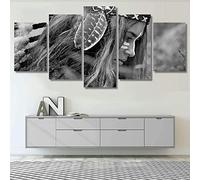 QYYAMDEQ Tableau Salon Moderne 5 Panneau Poster Mural Chasseuse indienne Portrait en noir et blanc Imprimée Sur Tableau Cuisine D'Œuvres D'Art Pour Le Bureau À Domicile Décoration Moderne
