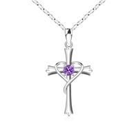 QYYZTQY HOHATech Women Birthstone Cross Pendant Mothers Wife DaughterAFebAAmethyst, 18"+2", Silver, Cubic Zirconia Jewelry for Girls