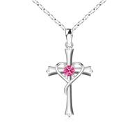 QYYZTQY HOHATech Women Birthstone Cross Pendant Mothers Wife DaughterAJulARuby, 18"+2", Silver, Cubic Zirconia Jewelry for Girls