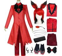 QYZ Alastor Cosplay Hazbinhotel Costume rouge avec perruque, accessoires pour cheveux, lunettes, costume d'anime d'Halloween (Rouge + perruque, M)