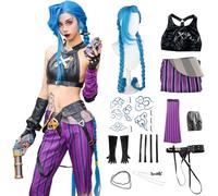 QYZ Costume de Cosplay Arcanejinx avec accessoires de perruque longue bleue gants noirs ceinture autocollant de tatouage collier costume d'anime féminin d'Halloween (Violet+perruque, S)