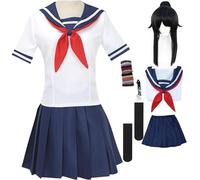QYZ Costume de cosplay d'Ayano Aishi, Yandere Simulator, uniforme scolaire japonais pour femme, ensemble de marin pour Halloween (bleu+perruque, 2XL)
