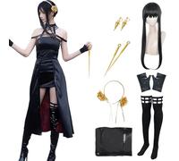 QYZ Costume de cosplay Yor Forger avec boucles d'oreilles, perruque, robe noire, ensemble complet pour Halloween (Noir+perruque, S)