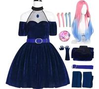 QYZ Mizi Cosplay Alienstage bleu foncé robe à épaules dénudées ensemble avec perruque gants chaussettes ceinture Halloween carnaval fête performance Anime costume adulte (bleu+perruque, 3XL)