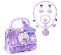 Qzakce Sac a Main pour Petites Filles Sirène Sac à Bandoulière Mignon avec Kit de Bijoux Collier Bracelet Boucles D'oreilles Bague Set pour D'anniversaire Jeu d'habillage Jouet Cadeau