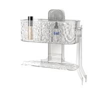 Qzdtue Organiseur de salle de bain double couche, crochets à ventouse, support de rangement mural sans perçage, taille 21,3 x 10,4 x 20,4 cm, support pour articles de toilette, plateau adhésif
