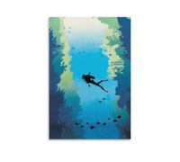 QZFNCOYU Poster vintage de plongée sous-marine avec récif de corail, poisson de mer, mer et plongeur - Impression sur toile - Décoration de chambre à coucher, bureau, chambre - Cadeau - 40 x 60 cm