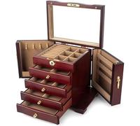 QZQJUILU Coffret à Bijoux en Bois pour Femme, 4 tiroirs, Grand Organiseur de Bijoux en Bois Dur avec Miroir et Serrure.(A)