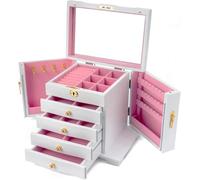 QZQJUILU Coffret à Bijoux en Bois pour Femme, 4 tiroirs, Grand Organiseur de Bijoux en Bois Dur avec Miroir et Serrure.(C)