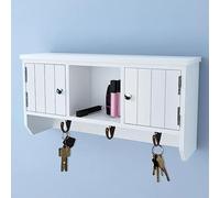 QZZCED Armoire à clés blanche antique avec 3 crochets métalliques, compartiments avec portes et étagère pour portefeuilles, téléphones portables et accessoires quotidiens, MDF