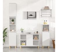 QZZCED Armoire de lavabo en bois contreplaqué blanc brillant 80 x 33 x 60 cm avec 5 compartiments et porte, meuble de salle de bain avec pieds en eucalyptus solide, surface résistante