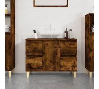 QZZCED Armoire de lavabo en bois contreplaqué chêne fumé 80 x 33 x 60 cm avec 4 tiroirs et 1 compartiment avec porte, grand espace de rangement, pieds en eucalyptus solide,