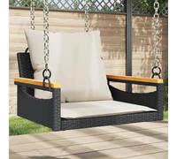 QZZCED Banc de balançoire avec coussins en rotin synthétique noir 63 x 62 x 40 cm, meuble de jardin suspendu pour extérieur avec fonction d'équilibre et structure robuste, avec anneaux