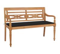 QZZCED Banc de jardin Batavia en bois massif de teck 120 cm avec coussin noir inclus, résistant aux intempéries et facile à nettoyer, idéal pour l'extérieur et les espaces extérieurs