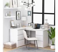 QZZCED Bureau d'angle blanc 145 x 100 x 76 cm avec 4 tiroirs et étagères, bois contreplaqué robuste pour bureau ou étude, meuble de rangement et station de travail