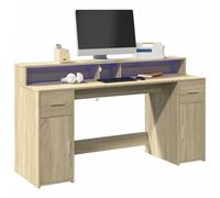 QZZCED Bureau LED en bois d'ingénierie chêne Sonoma 160 x 55 x 91 cm, grand espace de rangement avec compartiments et tiroirs, lumières RVB réglables pour ambiance