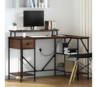 QZZCED Bureau moderne en forme de L avec étagères et tiroirs, surface en bois d'ingénierie et cadre en métal, lumières LED intégrées et station de charge, idéal pour bureau