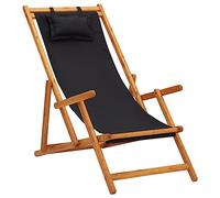 QZZCED Chaise de plage pliable avec structure en bois d'eucalyptus solide et assise en tissu noir réglable en 3 positions inclinables pour jardin, camping et extérieur
