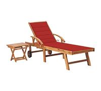 QZZCED Chaise longue de jardin en bois de teck avec table d'appoint et coussin, 3 positions réglables et 2 roues pour terrasse ou extérieur, structure durable et confortable pour se détendre