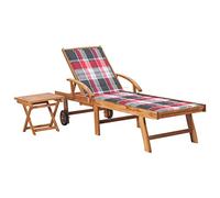 QZZCED Chaise longue de jardin en bois de teck avec table d'appoint et coussin, 3 positions réglables et 2 roues pour terrasse ou extérieur, structure durable et confortable pour se détendre