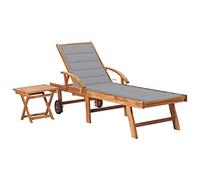 QZZCED Chaise longue de jardin en bois de teck avec table d'appoint et coussin, 3 positions réglables et 2 roues pour terrasse ou extérieur, structure durable et confortable pour se détendre