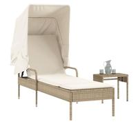 QZZCED Chaise longue de jardin réglable avec auvent rétractable et table basse en rotin PE résistant pour extérieur, repose-pieds avec 4 positions et coussin rembourré, chaise de repos durable