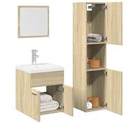 QZZCED Ensemble de meubles de salle de bain 3 pièces en contreplaqué chêne Sonoma avec miroir et armoire de rangement murale, organisateur de salle de bain durable avec finition lisse et résistance