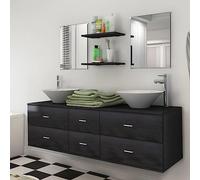 QZZCED Ensemble de meubles de salle de bain avec lavabo et robinet 9 pièces noir, comprend 1 meuble de lavabo mural, 2 miroirs, 2 étagères, lavabos et robinets, pour optimiser l'espace