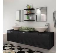 QZZCED Ensemble de meubles de salle de bain et lavabo 8 pièces noir avec étagères et miroirs, meuble de lavabo mural avec trois portes rabattables et deux lavabos en céramique, organisateur