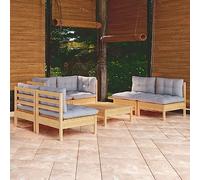 QZZCED Ensemble salon de jardin 7 pièces avec coussins gris en pin massif - Ensemble de canapés de jardin - Pour terrasses, jardins, balcons, arrière-cours
