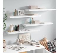 QZZCED Étagères murales flottantes 4 unités MDF blanc brillant 90 x 23,5 x 3,8 cm avec montage invisible pour décoration moderne - Étagère présentoir résistante pour livres et décorations