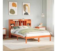 QZZCED Lit avec étagère en bois massif marron, 140 x 190 cm, tête de lit avec rangement et sommier à lattes, structure stable et durable pour chambre, meuble multifonction