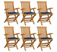QZZCED Lot de 6 chaises de jardin pliables en bois de teck avec coussins bleu roi pour terrasse et patio, meubles d'extérieur résistants et confortables, chaises empilables