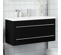 QZZCED Meuble de salle de bain avec lavabo intégré noir, armoire de rangement moderne avec tiroir, céramique durable et fonction anti-trop-plein, robinet d'eau froide et chaude inclus,