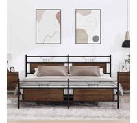 QZZCED Structure de lit en métal chêne marron 200 x 200 cm avec sommier à lattes, tête et étrier fonctionnels, espace de rangement supplémentaire, base stable et durable