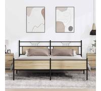 QZZCED Structure de lit en métal chêne Sonoma 193 x 201 cm avec sommier à lattes, tête et étrier fonctionnels, espace de rangement, structure stable et durable