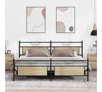 QZZCED Structure de lit en métal chêne Sonoma 200 x 200 cm, sommier à lattes pour support optimal, tête et étrier fonctionnels, espace de rangement supplémentaire, structure