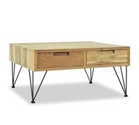 QZZCED Table basse coloniale en teck massif recyclé avec 2 tiroirs et pieds en fer forgé, table d'appoint ou canapé avec plateau robuste pour décoration et organisation de la maison