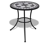 QZZCED Table de bistro terrasse mosaïque noire et blanche 60 cm, table basse extérieure pour balcon ou jardin avec structure en fer robuste et surface en céramique facile à nettoyer,