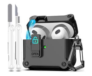 R-fun Compatible avec AirPods 3rd Generation 2021 Charging Case Cover, Full Drop Protection Auto Pop-Up Lid Compatible with Apple Airpod 3 Gen Case with Cleaner Kit & Keychain,Noir
