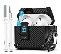 R-fun Compatible avec la Coque AirPods 4, Compatible avec Les AirPods 4 Gen (2024) (USB-C), Protection complète, Rabat Automatique et Verrouillage avec kit de Nettoyage et Porte-clés,CF-Noir