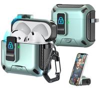 R-fun Compatible avec Les étuis pour écouteurs AirPods 4e génération 2024, Conception de Coque de Protection à éjection Automatique entièrement résistante aux Chutes,Noir+Vert Pomme