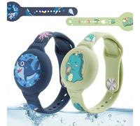 R-fun Lot de 2 bracelets étanches pour Air Tag compatibles avec les localisateurs Apple Air avec motif de dessin animé, coque anti-perte d'articles GPS, dinosaure vert/requin bleu