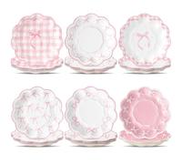 R HORSE Lot de 60 assiettes en carton jetables avec nœud rose de 17,8 cm pour servir de la nourriture, vaisselle décorative pour anniversaire, enterrement de vie de jeune fille, fête de mariage
