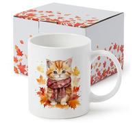 R HORSE Tasse à café chat d'automne - Tasse à café en céramique avec motif chat mignon de 320 ml pour les amateurs de chatons, tasse à thé et lait aquarelle en feuille d'érable d'automne pour le