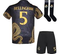 R. Madrid #5 Bellingham Édition Spéciale Dragon Noir Or pour Enfants Nouvelle Saison, Shorts, Chaussettes, Tailles Jeune (Dragon Noir, 20)