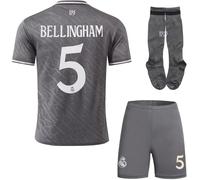 R. Madrid #5 Bellingham Maillot Troisième de Football 2024/2025 pour Enfants Nouvelle Saison, Shorts, Chaussettes, Tailles Jeune (Gris, 24)