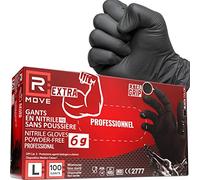 R MOVE Lot de 100 gants en nitrile noirs 6 grammes extra résistants 60% d'épaisseur de plus au doigt que 3,5 g, sans poudre sans latex pour mécaniques, tatoueurs, restauration, gants jetables (L)